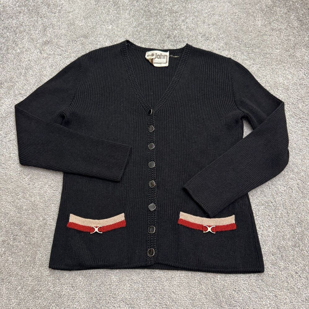 Vintage St John Marie Gray V-Neck Ribbed Knit Cardigan Sweater Women Small Black
